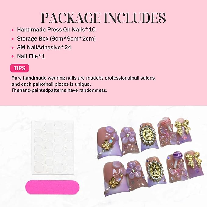 Duck Handmade Press on Nails Medium Square Fake Nails Purple French Tip False Nails with Glue 3D Flower and Charms Design Acrylic Nails Press Ons Sparkling Stick on Nail for Women 10Pcs(Size M)