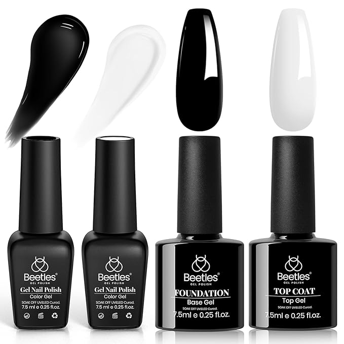 Beetles Black White Gel Polish Set - 4Pcs Gel Polish Kit Black White Colors Gel with No Wipe Top & Base Coat Nail Kit Soak Off UV LED Lamp Manicure Salon DIY Home