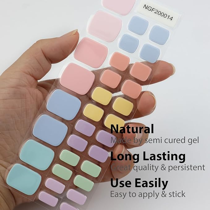 32 Pcs Semi Cured Gel Toe Nail Strips Colorful Pink Blue Gel Nail Stickers Full Cover Nails Wraps Self Adhesive Toe Nails Polish Strips Stickers for Women UV/LED Light Required