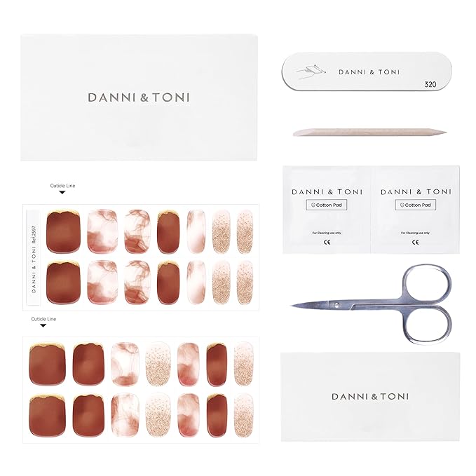 DANNI & TONI Semi Cured Gel Nail Strips Marble (Desert Rose) Gold Glitter Gel Nail Stickers Ombre 28 Stickers