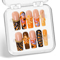Flower Press on Nails Gradient Long Square Fake Nails with Glitter Butterfly & Pearl False Nails Designs Orange French Tip Handmade Press on Nails Thick Acrylic Stick on Nail for Wome (S)