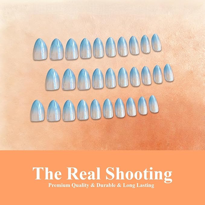 Chrome Ombre Teal Blue Press on Nails Short Almond, Glazed Cute Fake Nails with Sparkle Mirror Design, Shiny Glitter Glue on Nails Stiletto, Gradient Nude Gel Nail Press ons with Glue 30 Pcs