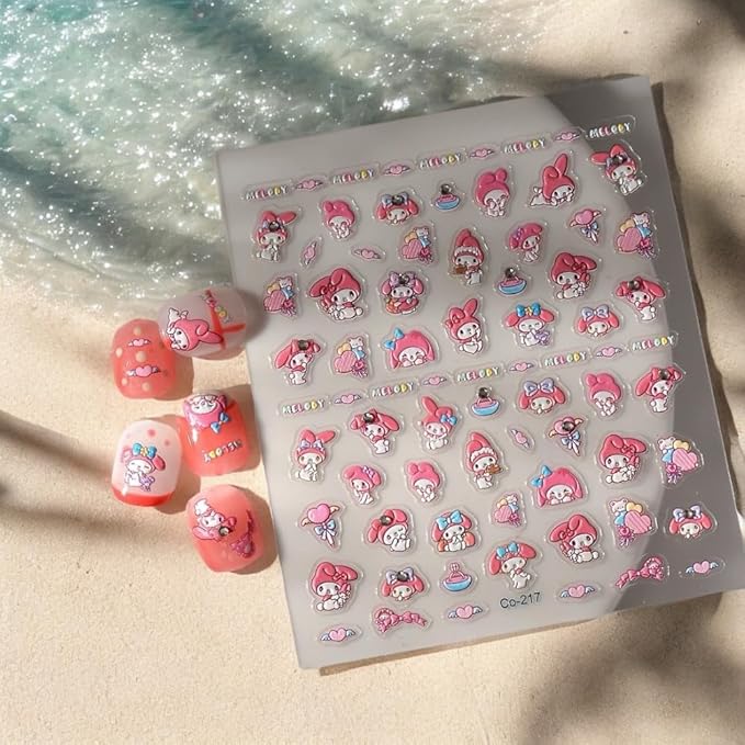 Anime Nail Stickers 5D 3D Embossed Japanese Kawaii Nail Art Decals for Unisex DIY Nails Design, Self Adhesive Stickers for Natural Gel Press On Nails, Cute Otaku Cosplay Gift Pink (MELO)