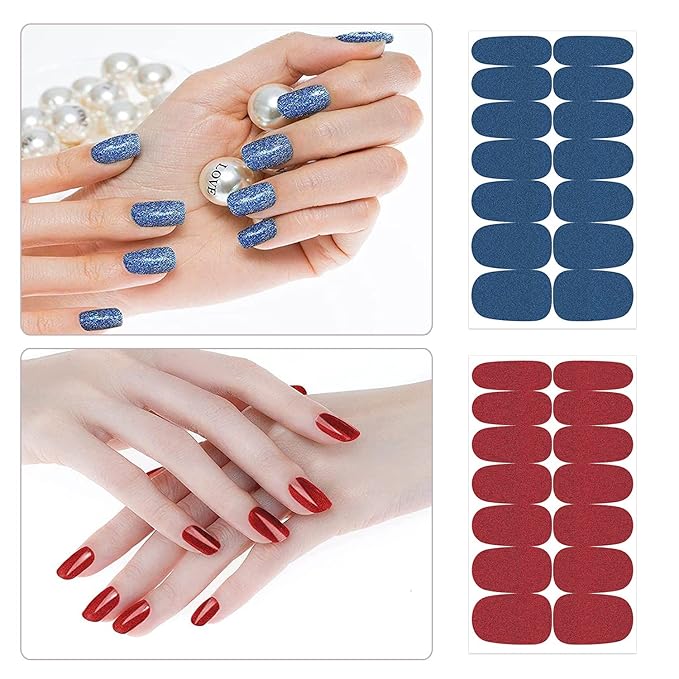 DANNEASY 16 Sheets Glitter Solid Color Nail Polish Strips Self Adhesive Nail Stickers Full Nail Wraps Nail Strips for Women Nail Art with 1pc Nail File, Cuticle Stick (Mix Color)