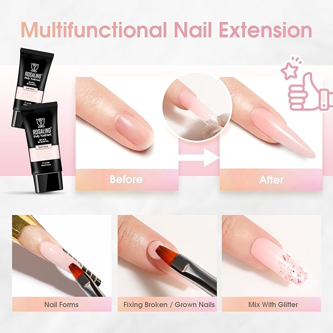 ROSALIND Pink Poly Nail Gel, 2 oz Nude Poly Extension Gel for Nail Natural Builder Pink Gel,Poly Extension Long-Lasting Enhancement