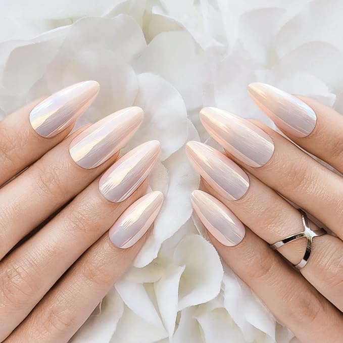 Hypnaughty 24 Pcs Light Peach Almond Chrome Luxury Press On Nails and Glue Reflective Medium Long Pointed Reusable False Nails (Light Peach Almond Chrome)