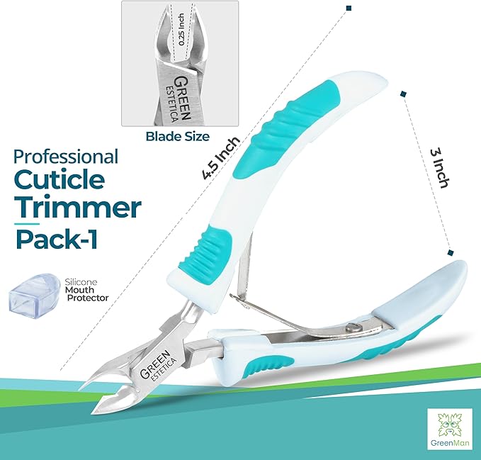 Cuticle Trimmer with Non-Slip Grip Handle Professional Stainless Steel Cuticle Cutter Sharp Blades Double Spring Cuticle Nippers for Nail Care Pedicure Manicure Nail Tools (White Green Grip Handle)