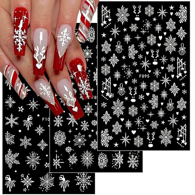 10 Sheets Christmas 3D Snowflake Nail Art Stickers - White Self-Adhesive Glitter Design Winter Decals for Xmas and New Year - DIY Acrylic Nail Supplies for Women and Girls
