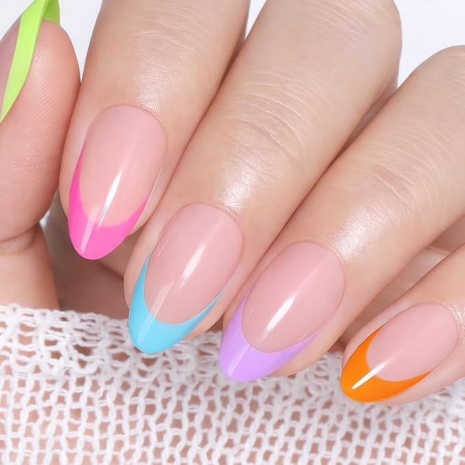 UNA GELLA 32Pcs Soft Gel Press on Nails - 16 Sizes Multi-color French Tip Almond Glue on Nails, Reusable Neon Pastel Rainbow False Nails, Full Cover Acrylic Nail Kit for Women DIY Home Manicure