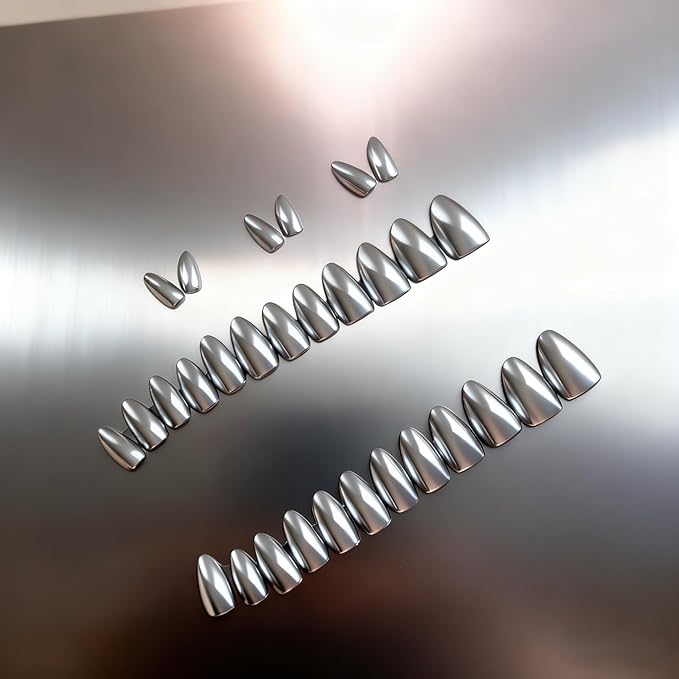 Chrome Press on Nails Short Almond, Metallic Sliver Fake Nails with a Sparkle Mirror Finish, Glitter Glue on Nails for Women Birthday Party, Thick Quality Soft Gel Nail Press ons 30 Pcs