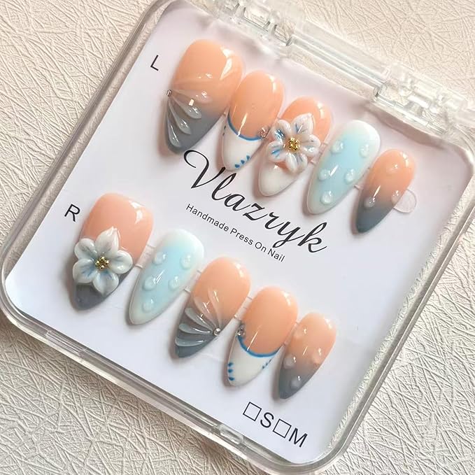 Handmade Press-On Nails for Women - Medium Almond Fake Nails | Luxury Gradient Blue 3D Floral Design | Reusable Salon-Quality Glossy Acrylic False Nails.