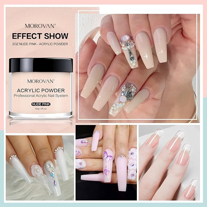 Morovan Acrylic Nail Powder Set: 4 Colors Clear Nude Pink White Acrylic Powder for Nail Extension Carving