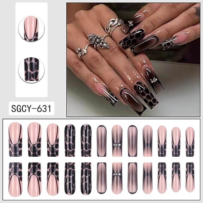 Long Press on Nails Square Fake Nails Black Artificial Nail French Tip Leopard Stick on Nail for Women 24pcs