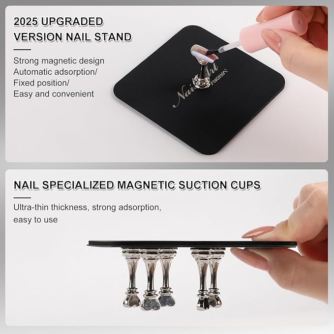 ANGNYA Nail Stand for Press Ons,Square Shape Super Magnetic Base Nail Holder for Painting Nails with 200 Pcs Reusable Double-Sided Tape for Nails Practice Nail Tools Home DIY Salon Supplies