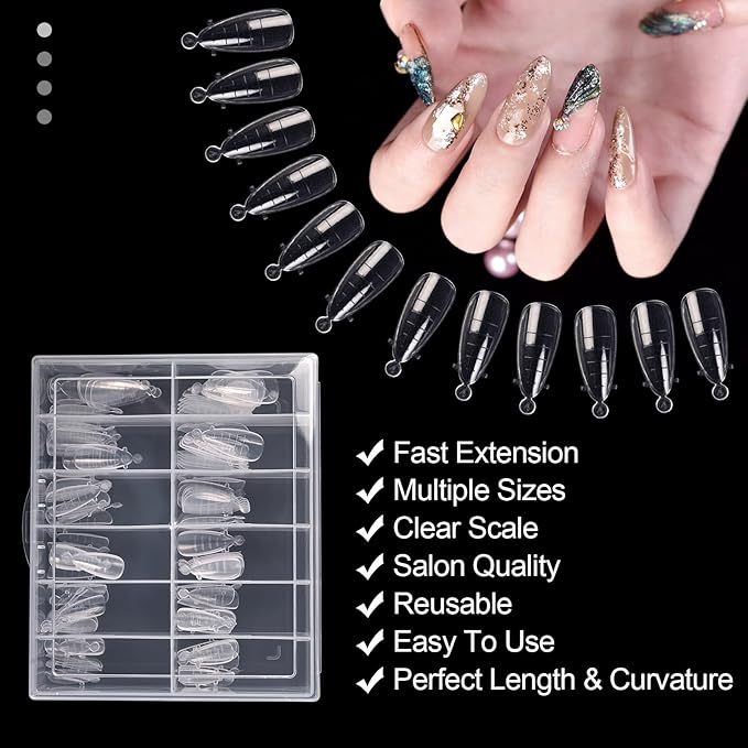 120Pcs Dual Nail Forms Poly Extension Gel Nails Full Cover Nail Tip Builder Molds 12 Sizes Clear Almond for Solid Nail Gel Glue Nail Art Design for Home & Salon