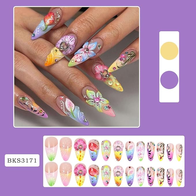 Long Press on Nails Almond Fake Nails Flowers Colorful Artificial Nail with Rhinestone Designs Stick on Nail for Women 24pcs