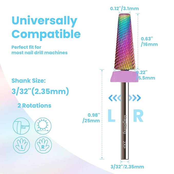 2xf 5 in 1 Nail Drill Bits, 16mm Tapered 3/32'' Professional Tungsten Carbide Bits for Efile, 2 Rotation for Electric Drill, Remove Thin Gel, Manicure Cuticle Gel Polish, Nail Techs Bit, Double Fine
