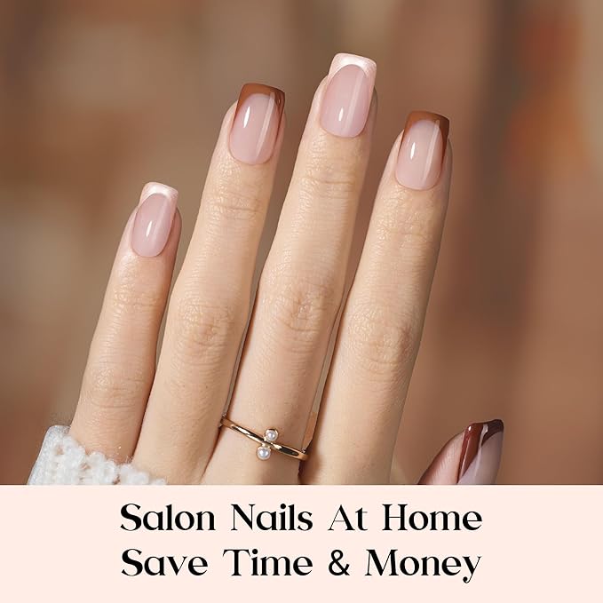 Beetles French Tip Press On Nails - Mocca Mousse French | 7 Colors Short Square Press On Nails Brown | 16 Sizes 224 Pcs Natural Salon Quality For Winter Nails