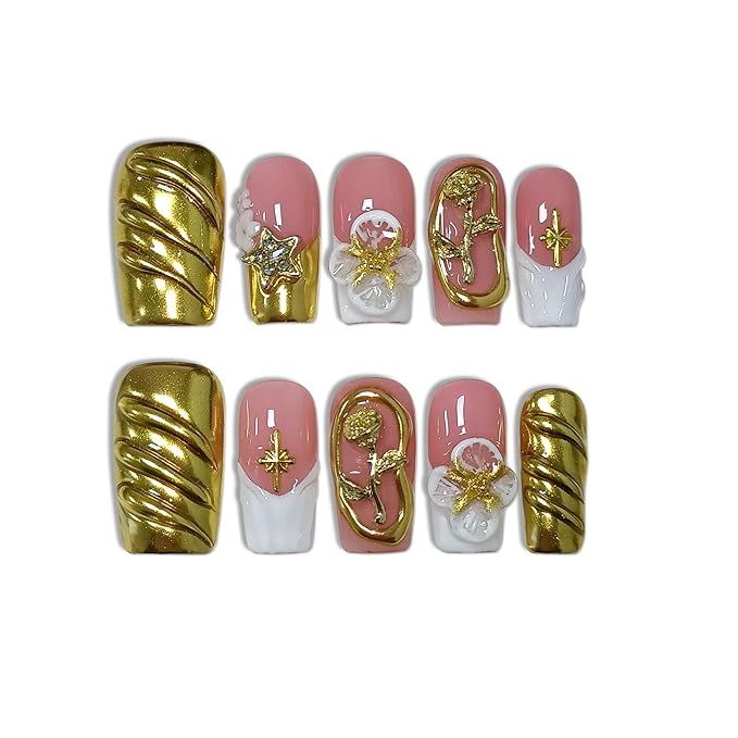 Luxury Handmade Press on Nails Medium Long Square,Sheer French Tips White Gold Fake Nails For Women Girls,3D Rose Embossed Glossy False Nails for Parties Daily Vacations(M)