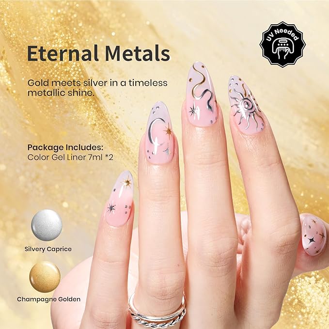 Beetles Gel Liner Nail Polish Set Metallic Silver Gold 2pcs Gel Nail Polish Art Chrome 3D High-Gloss Effect for Nail Paint Design with Thin Brush DIY French Manicure Gifts for Women