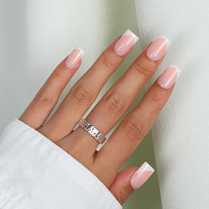Anyos French Tip Press On Nails-300Pcs Sharp Square Gel Nail Tips,No File Need Tips Pre-Designed,Fake Nails for Nail Art DIY 15Sizes(Deep Nude)