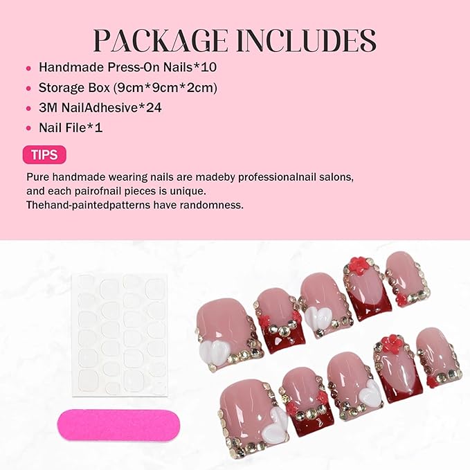 Short Press on Nails Square Handmade Press on Nails 3D Luxury Rhinestone Acrylic Fake Nails Designs Flower Stick on Nail Full Cover Thickened False Nails for Women Nail Art DIY 10Pcs (Size M)
