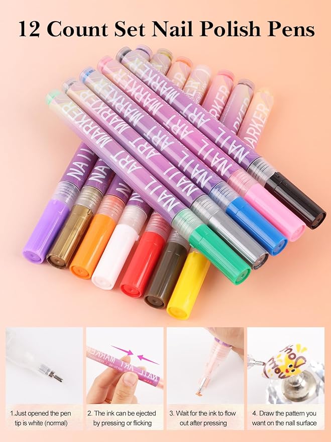 EBANKU 12 Colors 3D Nail Art Pens, Fine Tips 0.5 MM Nail Polish Pens Quick-Drying Acrylic Nail Paint Point Dotting Liner Pen Tools for Home & Salon Manicure DIY