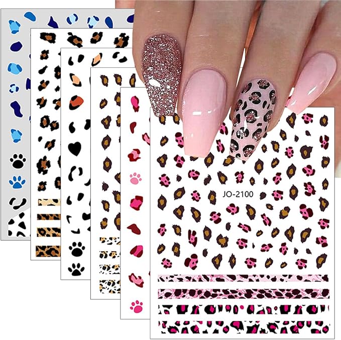 Leopard Nail Stickers for Nail Art,6Sheets Self-Adhesive Leopard French Nail Decals for Designer DIY Nail Art Supplies Pink Blue Brown Leopard Design 3D Nail Art Stickers for Women Girls Manicure Tips