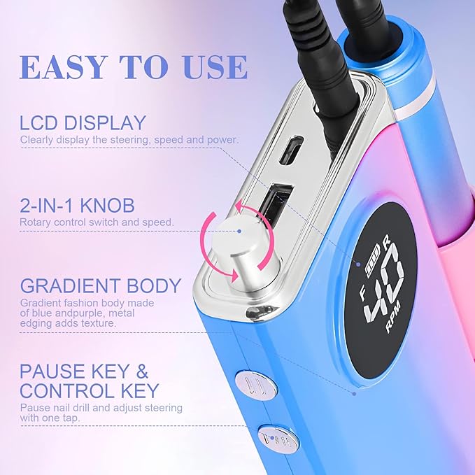 SAVILAND Electric Nail Drill: 40000RPM Nail Drill Professional with 56 Sanding Bands 12 Bits Sets, Rechargeable Nail File Ultra Power Machine for Acrylic Nails Gel Polishing Removing, Salon Home