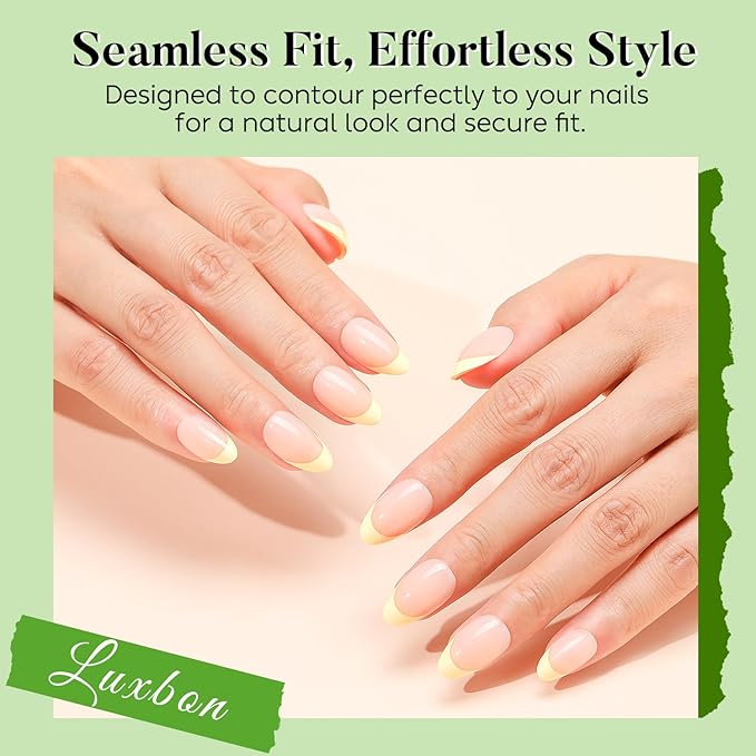 Luxbon Almond Press On Nails Acrylic with No-Cure Nail Glue and Tool Kit – Short French Soft Gel Tips 25-30pcs Full Size Set, Reusable Fake Nails for Women, Salon Look at Home, Beige
