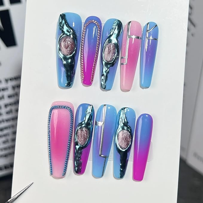 10Pcs Long Square Press on Nails Blue Ombre Handmade False Nails Luxury Reusable Fake Nails with 3D Cat's Eye and Charms Design Acrylic Nails Press Ons for Women DIY 10Pcs(Size M)
