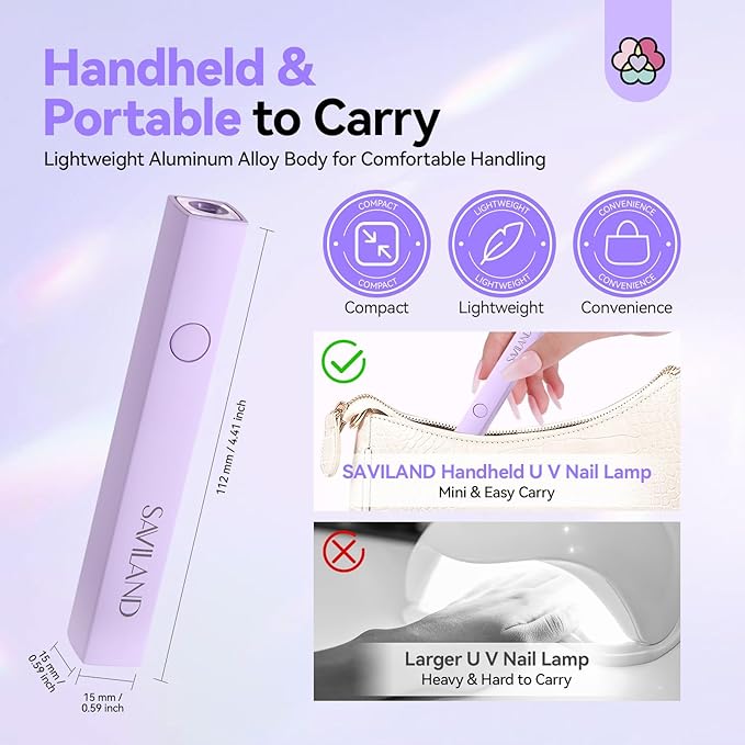 SAVILAND Handheld UV Light for Nails: 3W Portable Mini UV Flash CureLight for Gel Nail Sticker LED Gel Nail Lamp 180mAh Rechargeable Flashlight Type-c Gel Nail Dryer Home DIY Nail Flash Cure Light