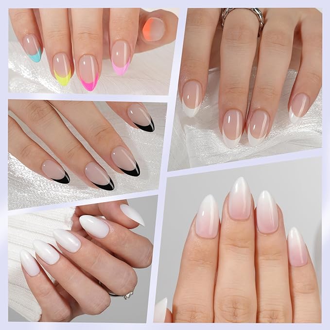 6 Packs Press On Nails Almond, Misssix French Tip Press On Nails Short, Reusable Glue On Nails, Gel Fake Nails for Women, Stick On Nails Kit 15 Sizes-6 styles in total