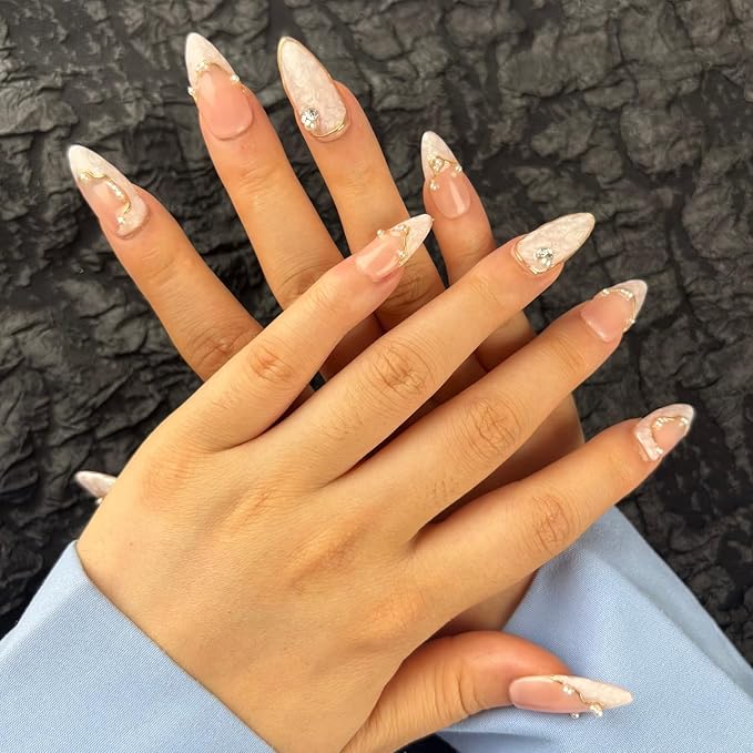 Handmade Press On Nails Short Almond,Nude Pink Acrylic Nails,Luxury Nail Press On with Charm Pearl Design for Wedding&Party Wear-True Love Design Concept