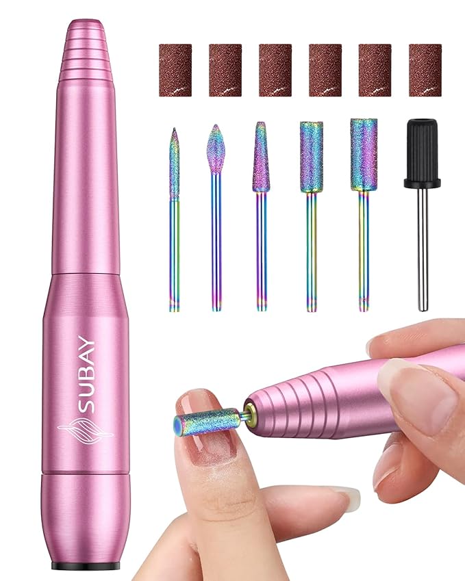 Subay Electric Nail Drill, Portable Electric Nail File for Acrylic Gel Nails, Manicure Pedicure Tool with 6 Bits and 26 Sanding Bands for Home and Salon Use - Pink