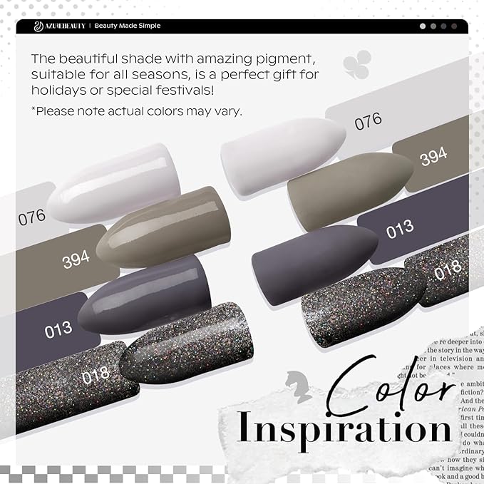 AZUREBEAUTY Dip Powder Nail Kit Starter, Light & Dark Grey Black Glitter Sparkle, 4 Colors Dipping Powder Set All Seasons, French Nail Art Base Top Coat Activator Liquid Manicure DIY Salon