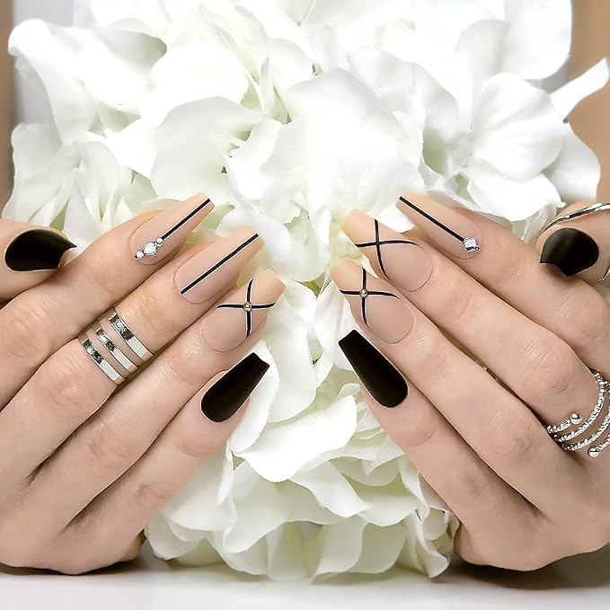 Hypnaughty 24 Pcs Monaco Black Matte and Nude Luxury Design with Rhinestones Coffin Press on Nails with Glue Medium Long Reusable Fake Nails (Monaco)