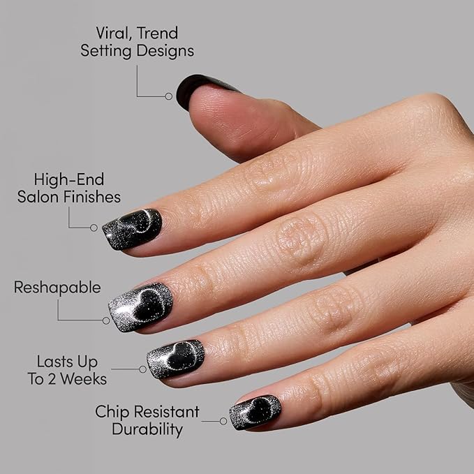 Valentines Day Glamnetic Press On Nails - Midnight Romance | Short Squoval Black Fake Nails with Magnetic Cat-Eye Design & Finish, Salon Quality | 15 Sizes - 30 Nail Kit with Glue