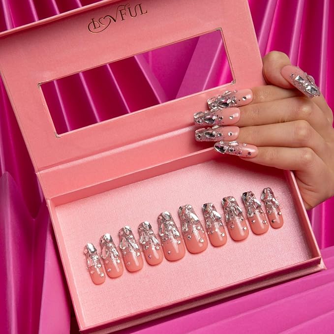 LOVFUL Press on Nails Silver Wind | Handmade with Full Covered Crystals | Reusable Full Cover Nails | Coffin Classic Regular 1.3 in | H126-L