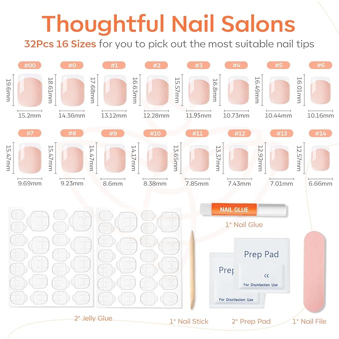 Modelones French Tips Press on Nails, White Short Square Fake Nails, Reusable Nail Kit with Nail Glue Adhesive Tabs Mini Nail File, Spring Nails Press Ons 32Pcs 16 Sizes, Women Girl Gift