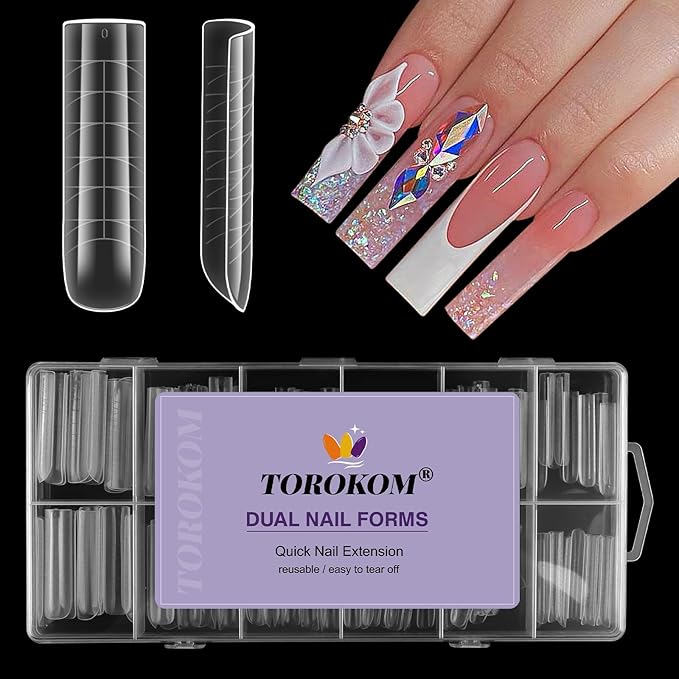 TOROKOM Poly Nail Gel Dual Nail Forms, 120 PCS Poly Nail Gel Long Square Structure Nail Molds for Builder Poly Extension Gel Nail Art Design Salon&DIY