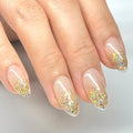 Press On Nails Short Almond Jelly Pink Glossy with Gold Glitter Tips. Reusable Soft Gel Nails in 15 Sizes -30 Nail Kit with Glue | Designed in L.A, Handmade in Vietnam | Hi-End