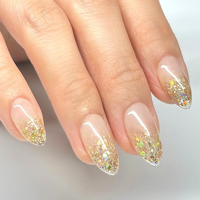 Press On Nails Short Almond Jelly Pink Glossy with Gold Glitter Tips. Reusable Soft Gel Nails in 15 Sizes -30 Nail Kit with Glue | Designed in L.A, Handmade in Vietnam | Hi-End