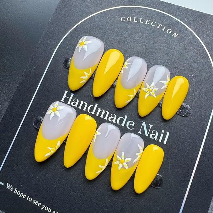 100% Handmade Press on Nails Medium Almond Handmade Nails with White Flower Daisy Design Yellow Fake Nails Glossy French Tip Nail Press ons Reusable Spring Summer Floral Nail for Women Size M 10Pcs