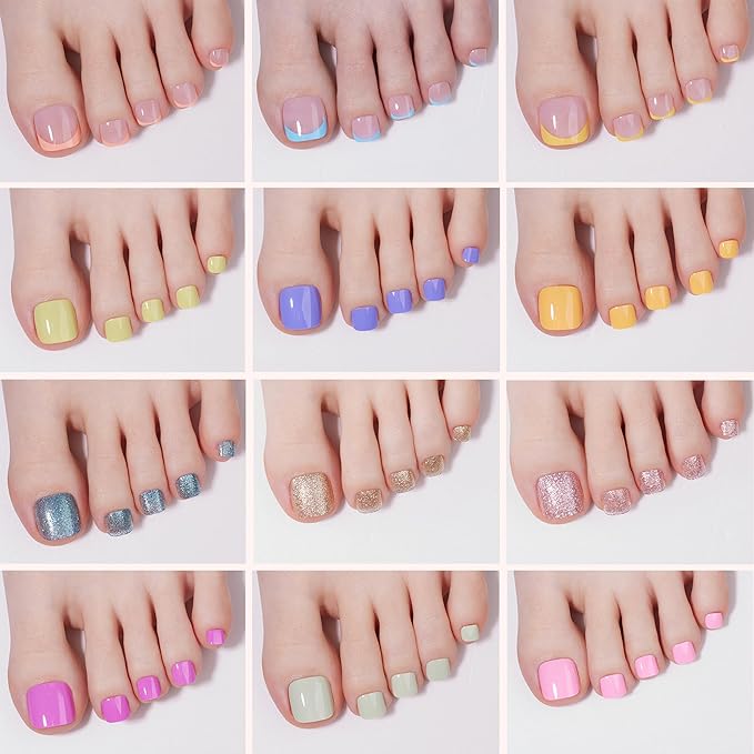 Beetles Press On ToeNails Kit - Glitz Spectrum | 288Pcs 12 Colors Short Square Press On Nails | 15 Sizes French Glossy Glitter With Nail Glue & Nail Tabs Stickers, Fake Nails Kit Art For Women