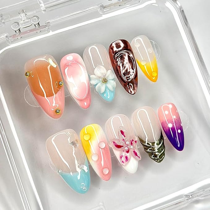 Luxury Press on Nails Medium Almond Handmade 3D Unique Reusable ABS Material Fake Nails Chrome French Tip False Nails with Designs Pearls Floral Art Petal Glossy Glue on Nails Thick Acrylic Nails(M)