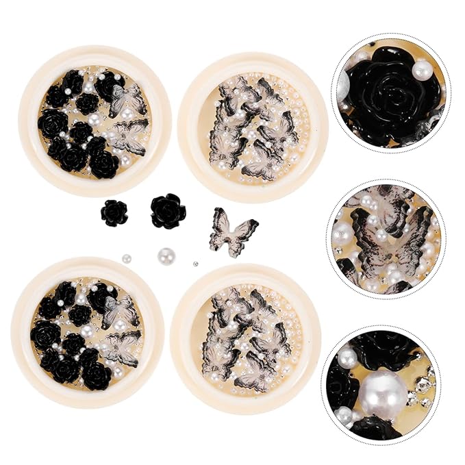 5sets Black Nail Rhinestones Pearl Rhinestones Flatback Nail Charms Art Gems Studs 4boxes * 5