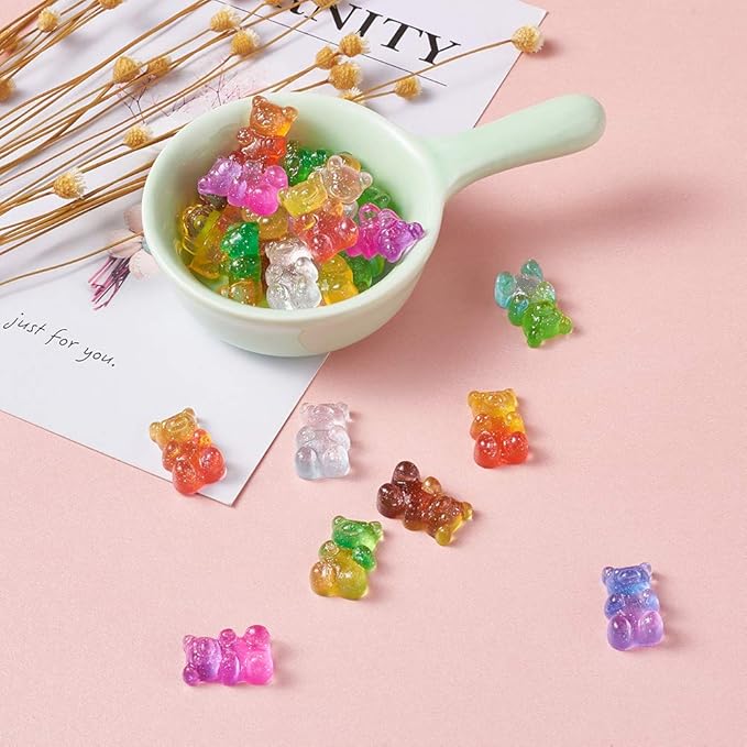 FASHEWELRY 32Pcs Resin Gummy Bear Charm Pendants 8 Colors Cartoon Bear Candy Cabochon for Necklace Bracelet Earring Jewelry Making