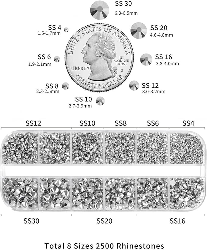 Beadsland Rhinestones for Makeup,8 Sizes 2500pcs Silver Flatback Rhinestones Eye Gems for Nails Crafts with Tweezers and Wax Pencil,Silver Hematite,SS4-SS30