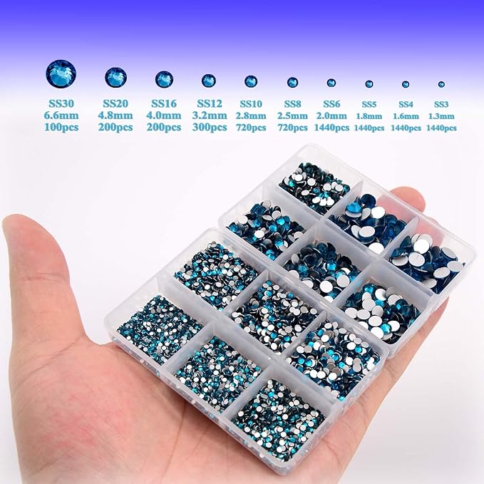 NCB 8000pcs Non Hotfix Rhinestones 10 Sizes Flatback Crystal Glass Rhinestones with Tweezers and Picking Pen for Nail Art Clothes Bags Phone Decorations Crafts DIY (007 Blue Zircon Mix SS3-SS30)